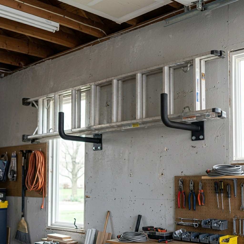 25 Easy Garage Design Interior Storage Ideas for a Clean Space 24Ladder resting on wall hooks 202606091912