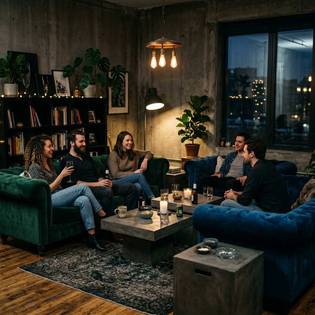 25 Dark Moody Living Room Ideas for a Dramatic and Cozy Space 25Conversation circle dark apartment 202606201713