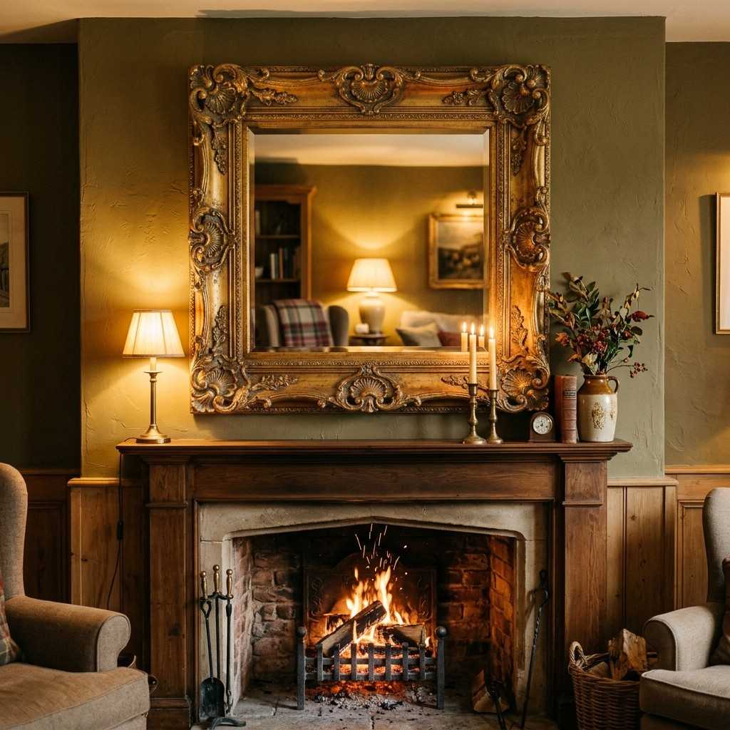 30 Cottagecore Living Room Ideas That Feel Cozy and Whimsical 25Gold mirror above fireplace 202606141854