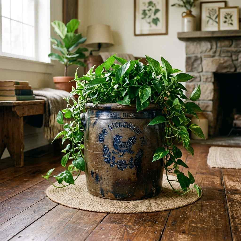 30 Cottagecore Living Room Ideas That Feel Cozy and Whimsical 26Antique crock with plant 202606141855