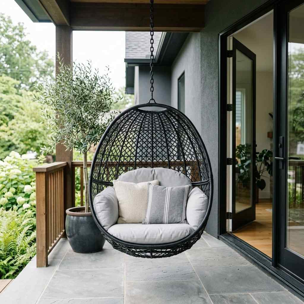 30 Awesome Modern Small Front Porch Ideas to Boost Curb Appeal 27Egg shaped hanging chair on porch 202606111600