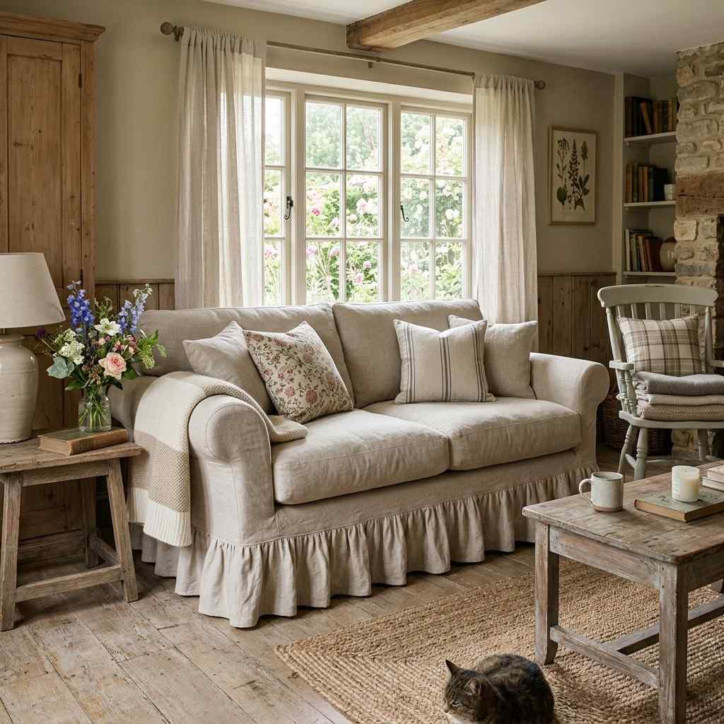 30 Cottagecore Living Room Ideas That Feel Cozy and Whimsical 27Linen sofa slipcover with skirt 202606141856