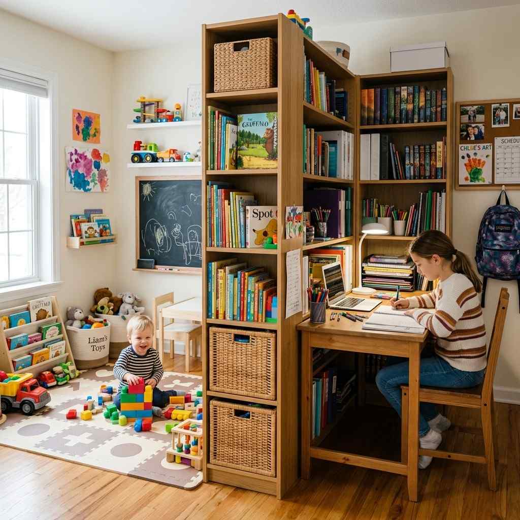 30 Genius IKEA Kids Playroom Ideas for a Stylish, Organized Space 27Sibling playroom layout bookcase 202606072248