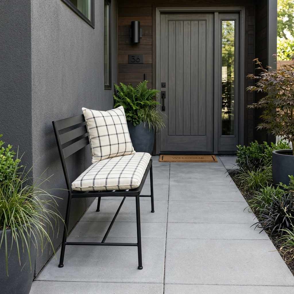 30 Awesome Modern Small Front Porch Ideas to Boost Curb Appeal 28Black iron bench plaid cushion 202606111600