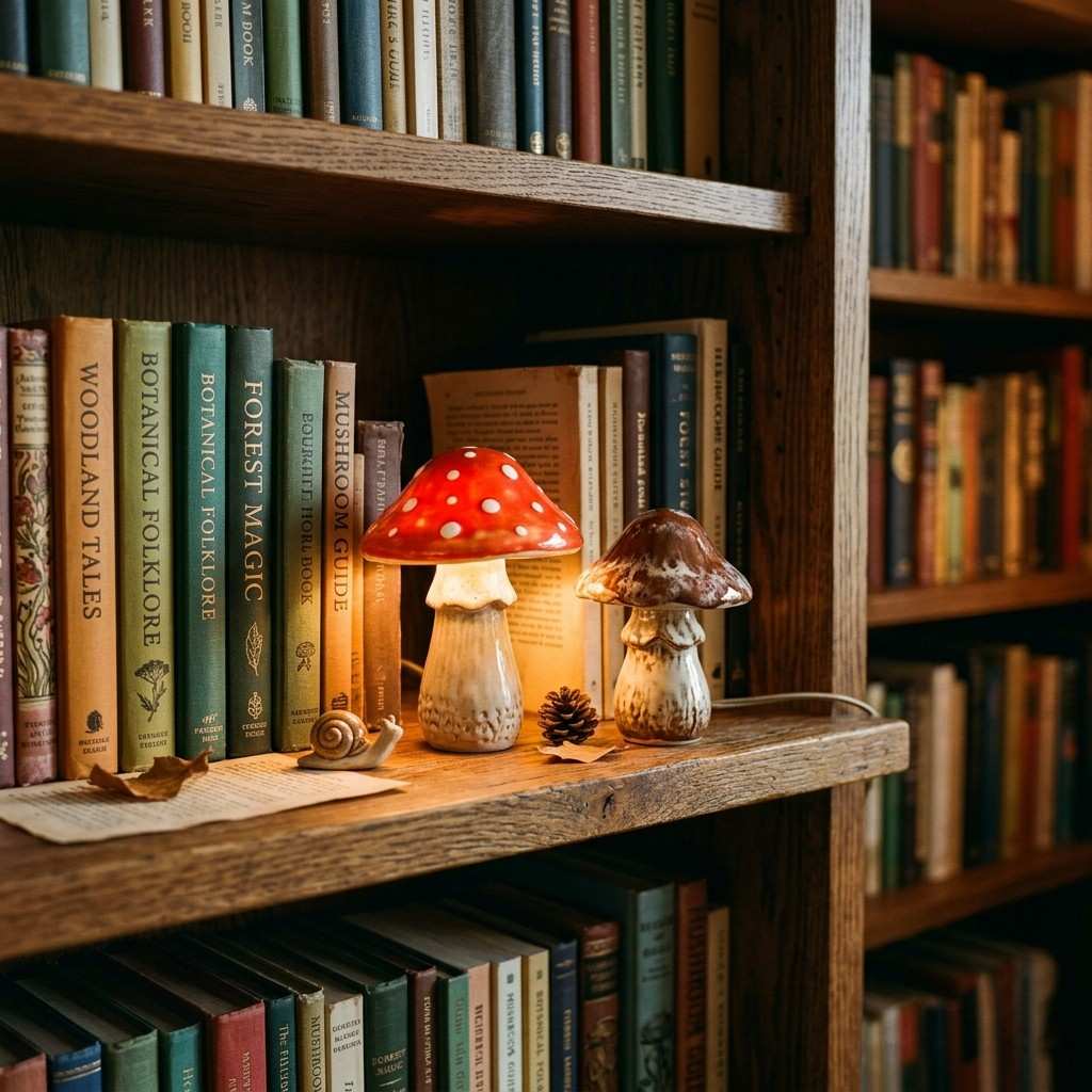 30 Cottagecore Living Room Ideas That Feel Cozy and Whimsical 28Mushroom lamps on bookshelf 202606141856