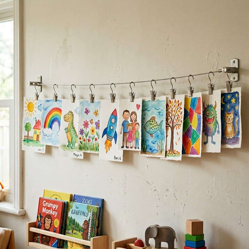 30 Genius IKEA Kids Playroom Ideas for a Stylish, Organized Space 29Artwork gallery wire holding pai 202606072248