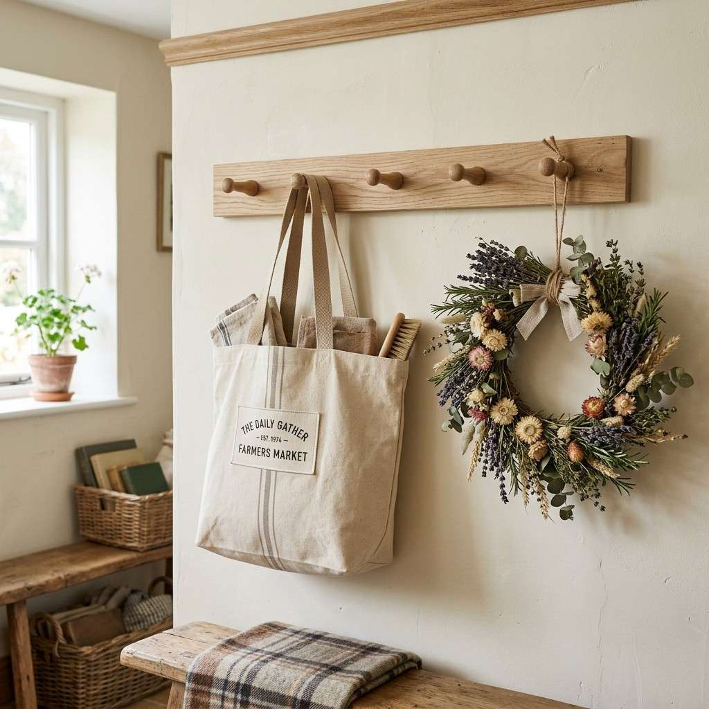 30 Cottagecore Living Room Ideas That Feel Cozy and Whimsical 29Wooden peg rail with tote 202606141856