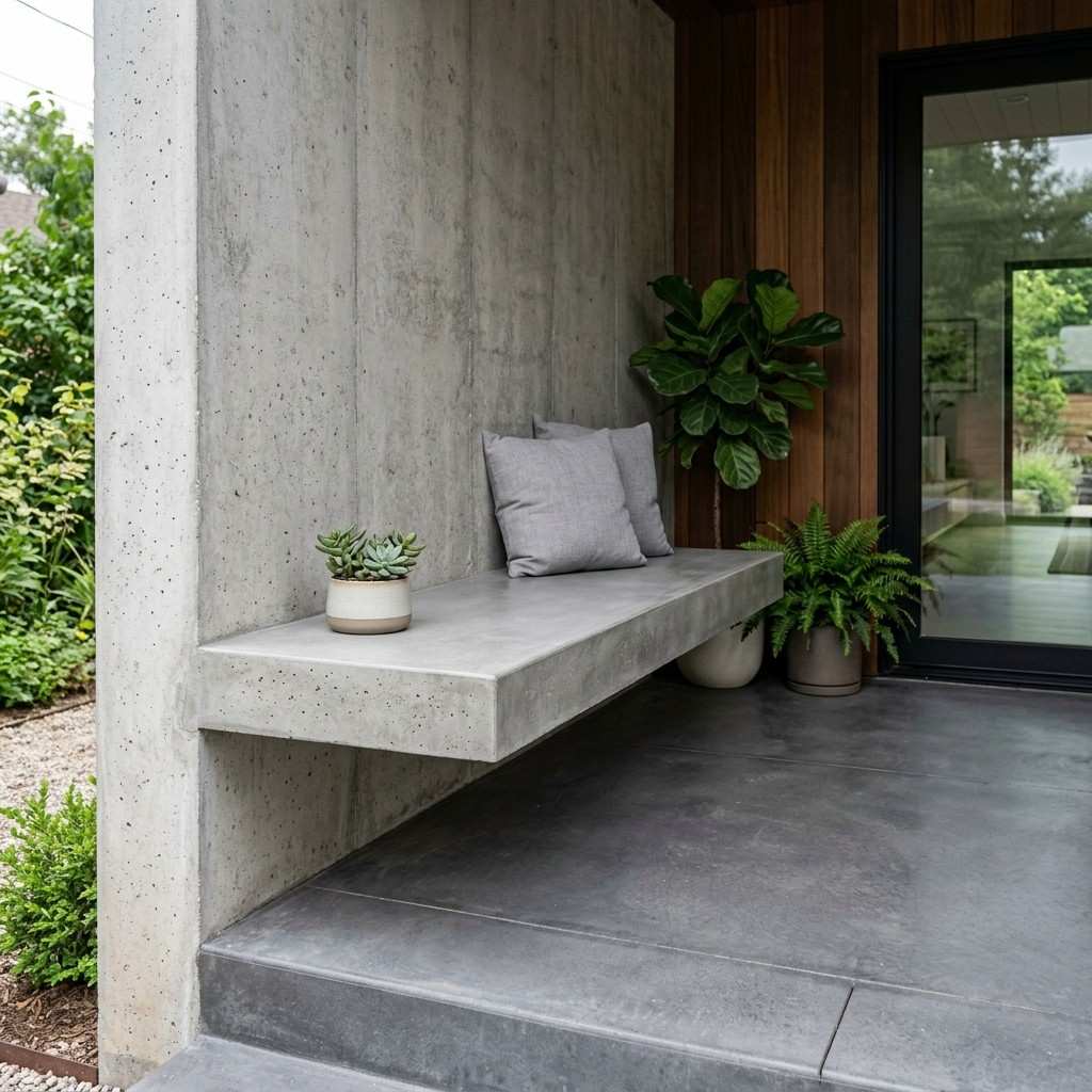 30 Awesome Modern Small Front Porch Ideas to Boost Curb Appeal 2Floating concrete bench on porch 202606111406