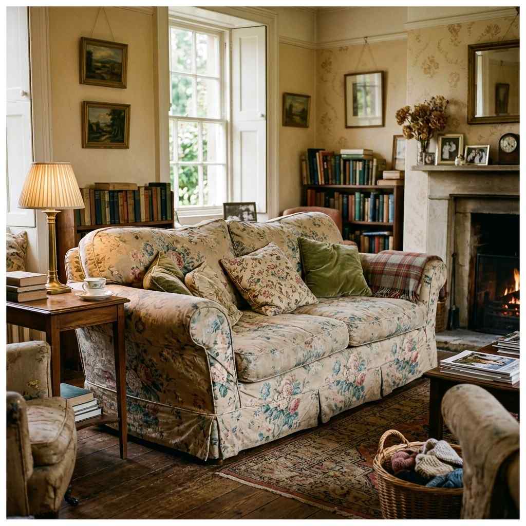 30 Cottagecore Living Room Ideas That Feel Cozy and Whimsical 2Oversized sofa in floral fabric 202606141845