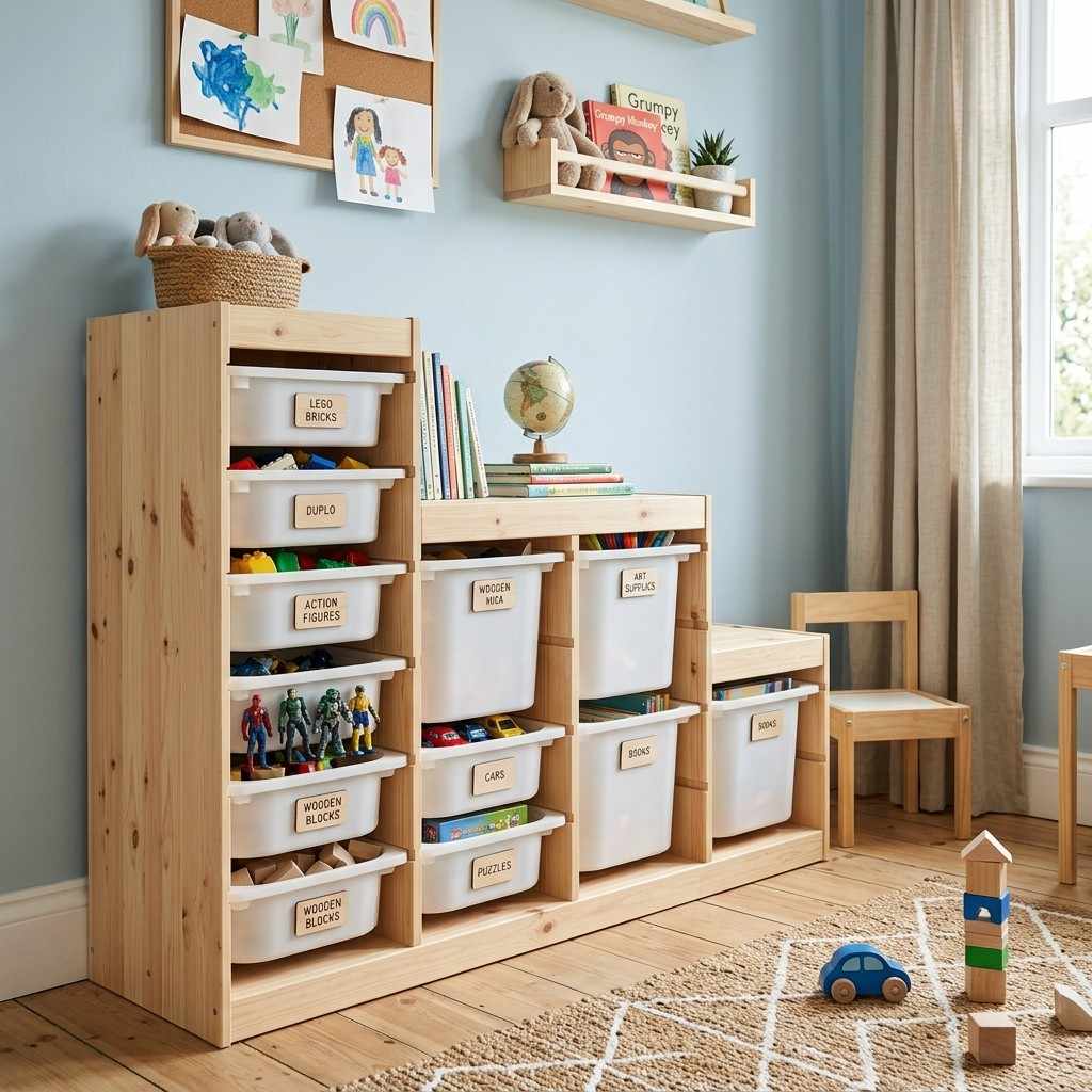 30 Genius IKEA Kids Playroom Ideas for a Stylish, Organized Space 2Storage bins sorting toys playroom 202606071834
