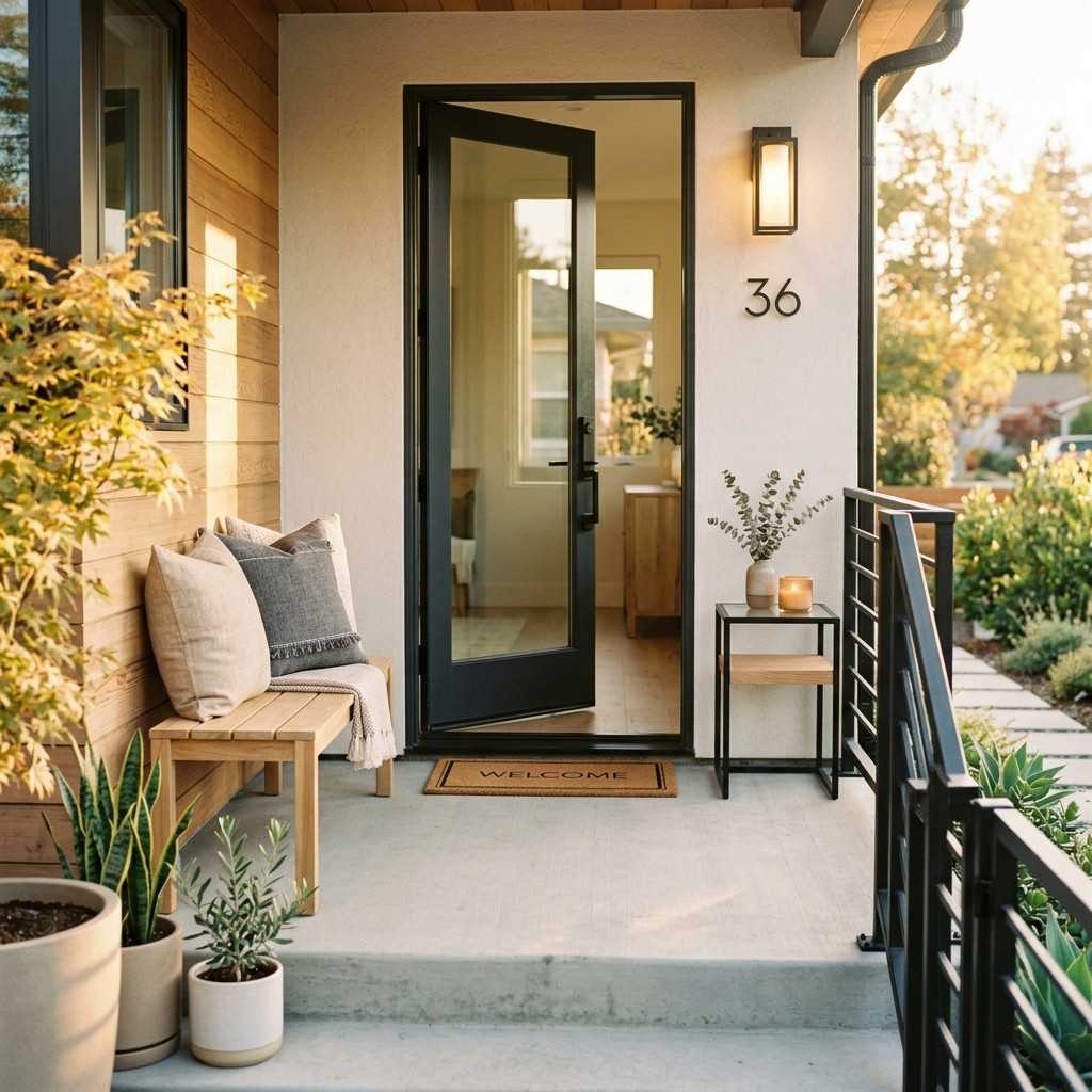30 Awesome Modern Small Front Porch Ideas to Boost Curb Appeal 30Front porch entryway with cushions 202606111600