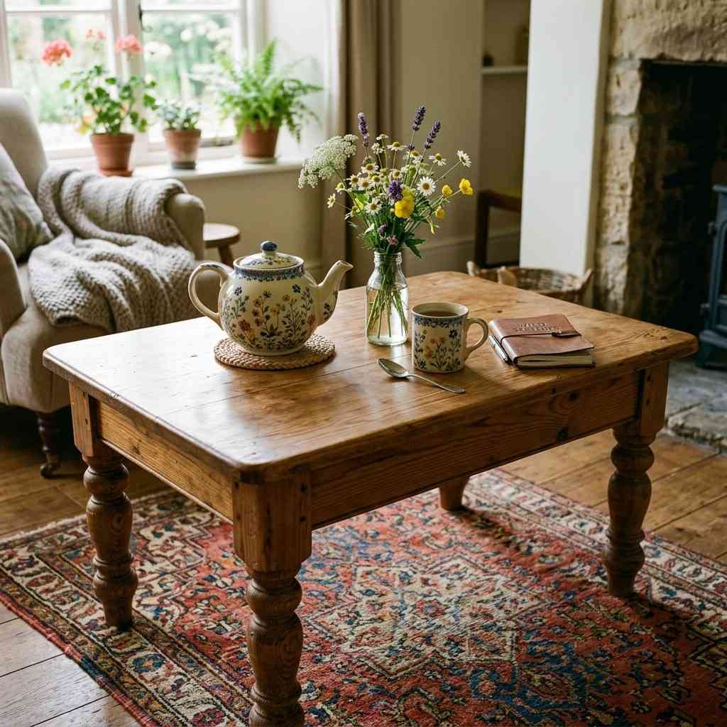 30 Cottagecore Living Room Ideas That Feel Cozy and Whimsical 3Antique coffee table holding teapot 202606141845
