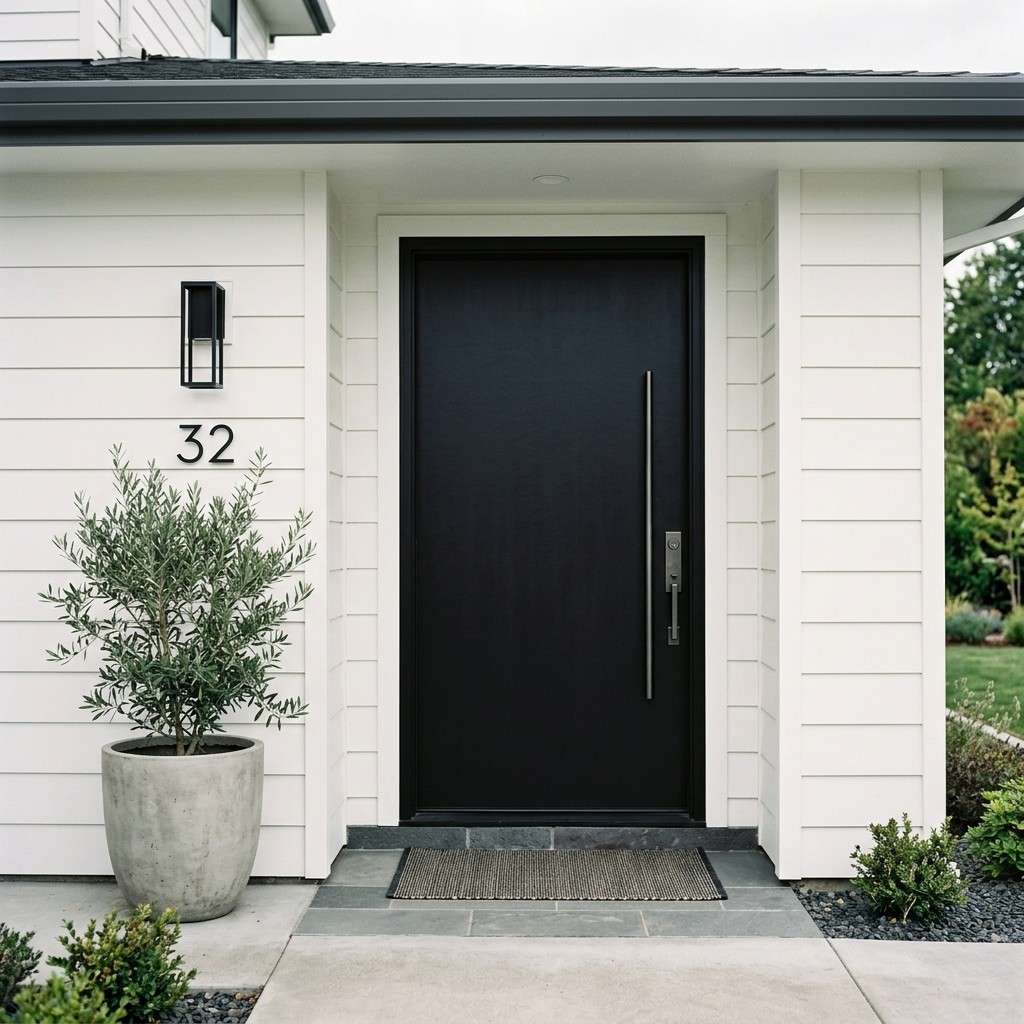 30 Awesome Modern Small Front Porch Ideas to Boost Curb Appeal 3Black front door white siding 202606111406