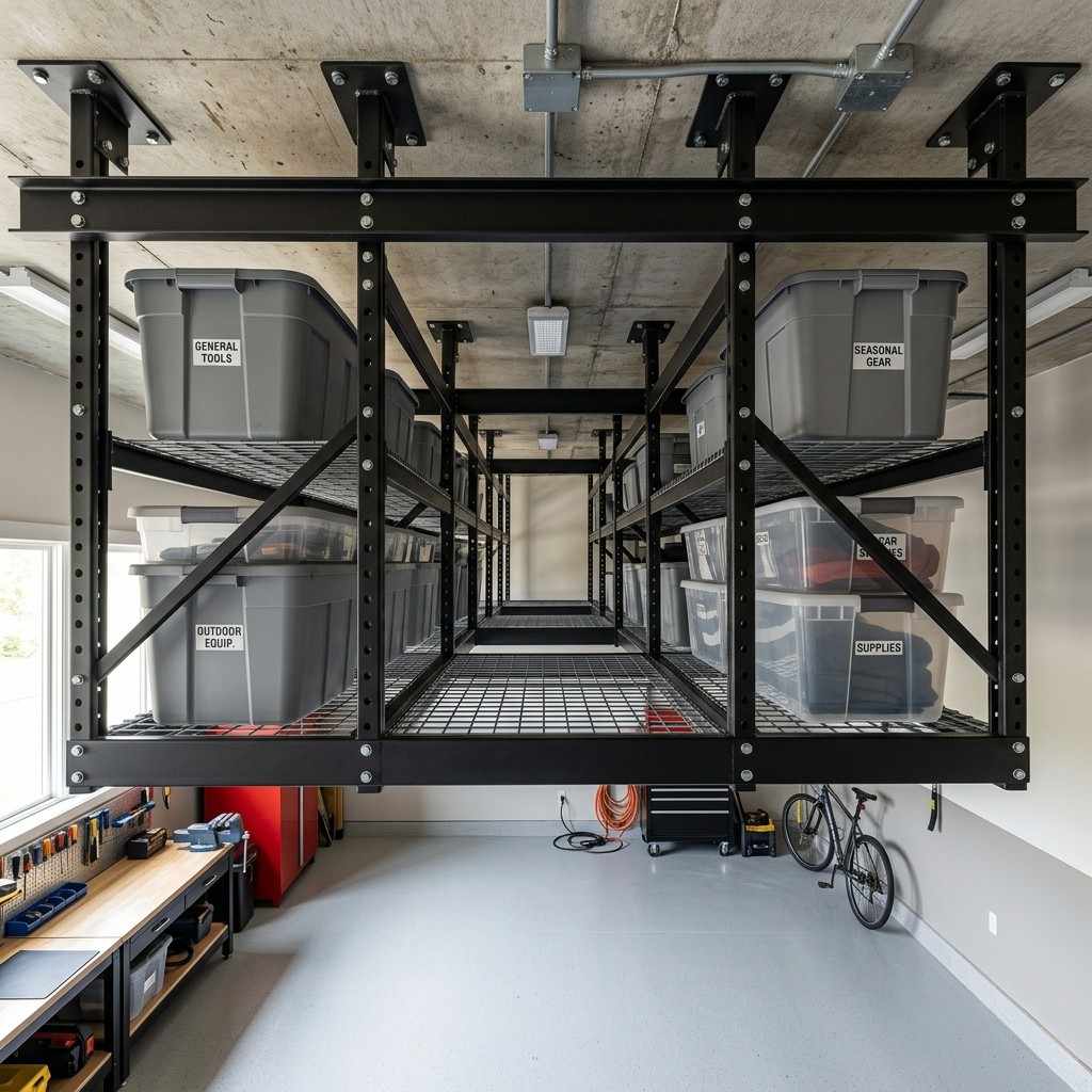25 Easy Garage Design Interior Storage Ideas for a Clean Space 3Steel racks holding plastic tubs 202606091853