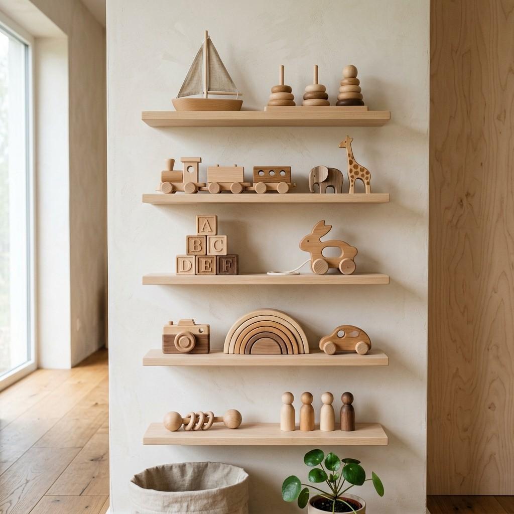 30 Genius IKEA Kids Playroom Ideas for a Stylish, Organized Space 3Wooden toys displayed on shelves 202606071829
