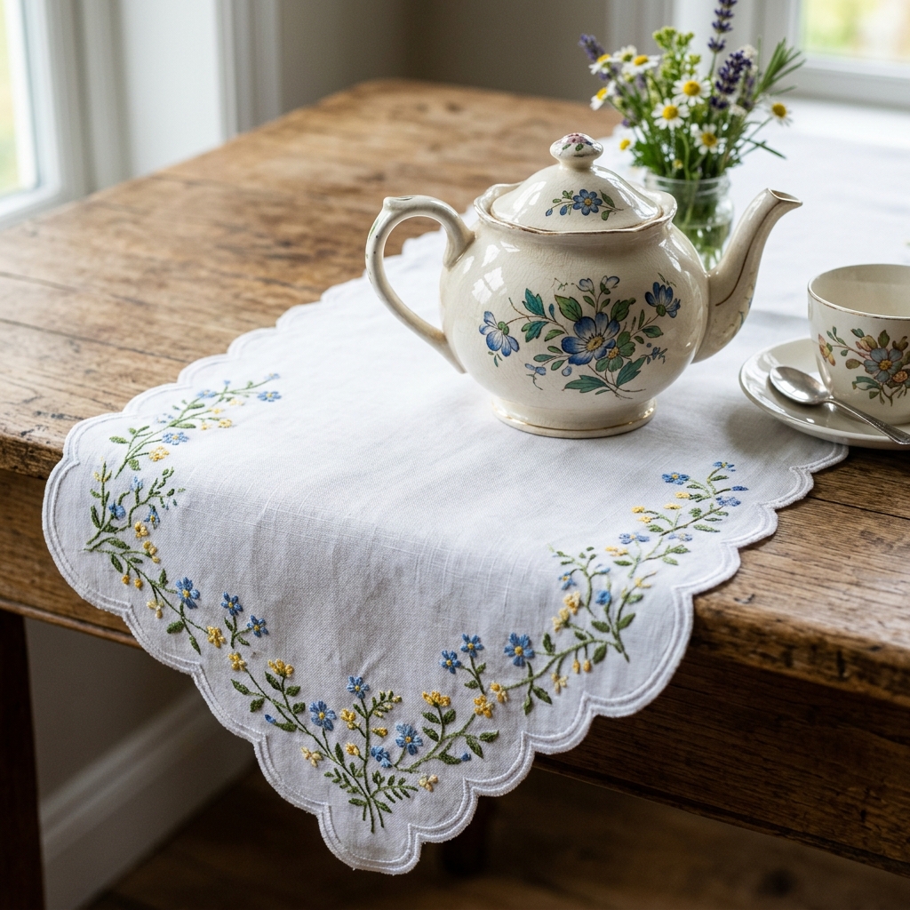 30 Grandmacore Decor Ideas to Make Your Home Feel Lived-In and Loved 4 White linen runner vintage teapot 202606181157
