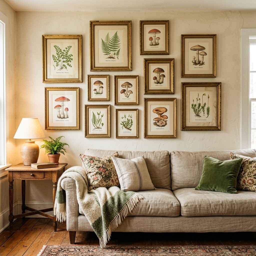 30 Cottagecore Living Room Ideas That Feel Cozy and Whimsical 4Botanical art above sofa 202606141845