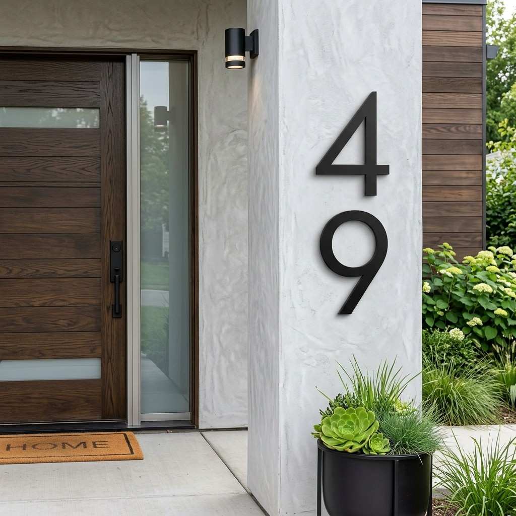 30 Awesome Modern Small Front Porch Ideas to Boost Curb Appeal 4Oversized house numbers on wall 202606111406