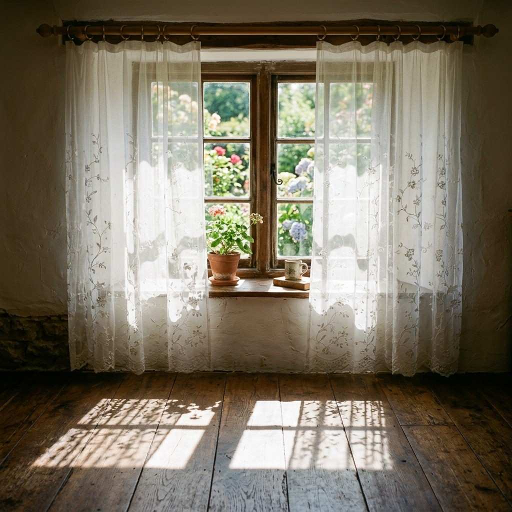 30 Cottagecore Living Room Ideas That Feel Cozy and Whimsical 6Lace curtains casting shadows on 202606141846