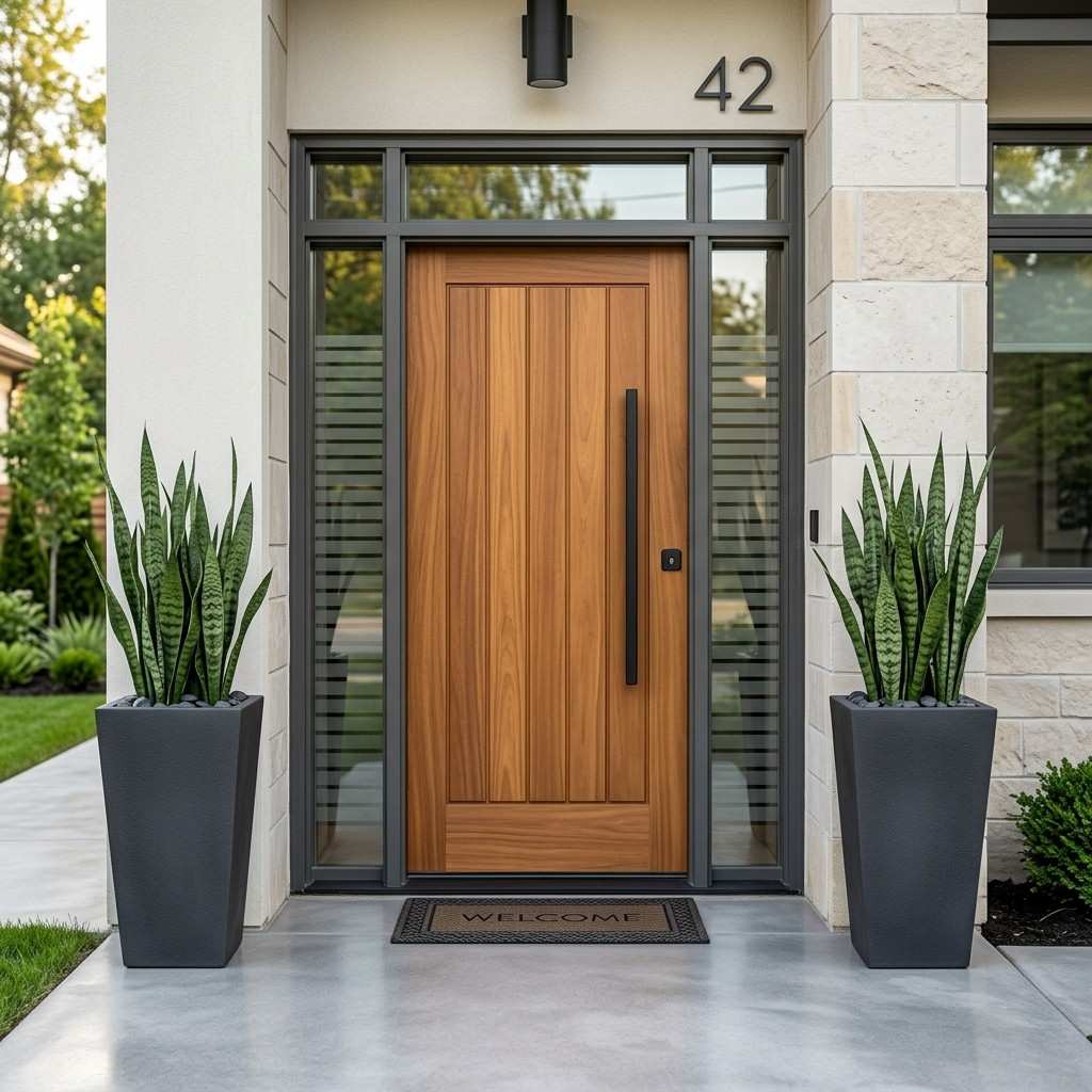 30 Awesome Modern Small Front Porch Ideas to Boost Curb Appeal 6Planters flanking wood front door 202606111408