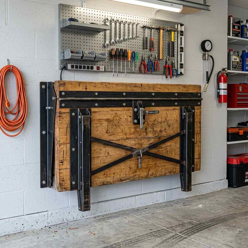 25 Easy Garage Design Interior Storage Ideas for a Clean Space 6Workbench folded flat garage wall 202606091901