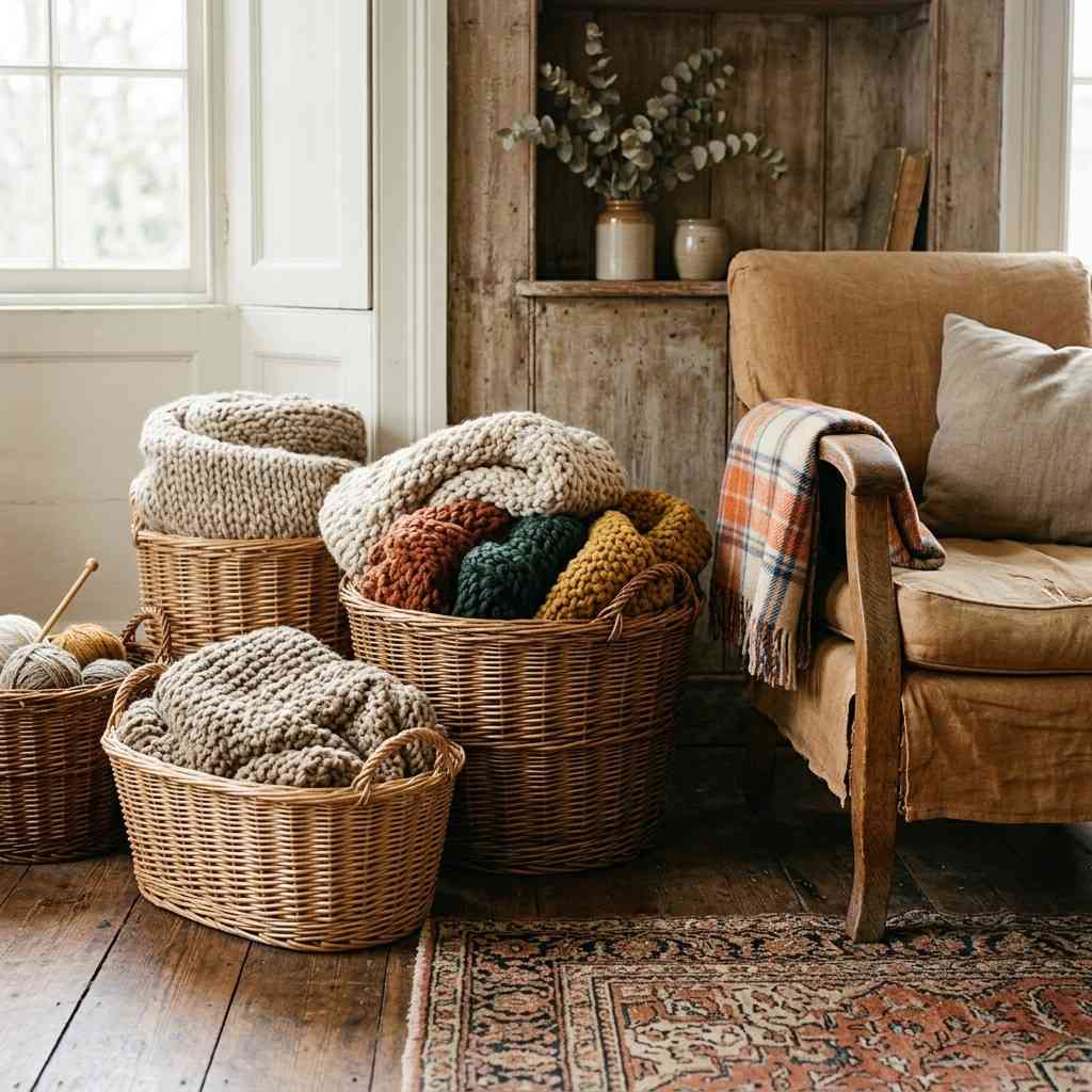 30 Cottagecore Living Room Ideas That Feel Cozy and Whimsical 7Baskets with blankets and armchair 202606141846