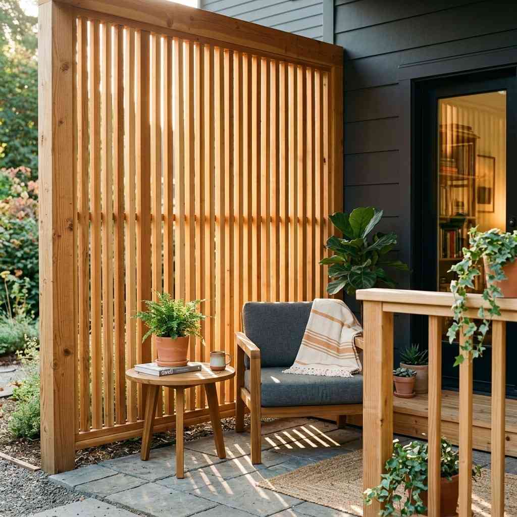 30 Awesome Modern Small Front Porch Ideas to Boost Curb Appeal 7Cedar wood privacy screen porch 202606111408