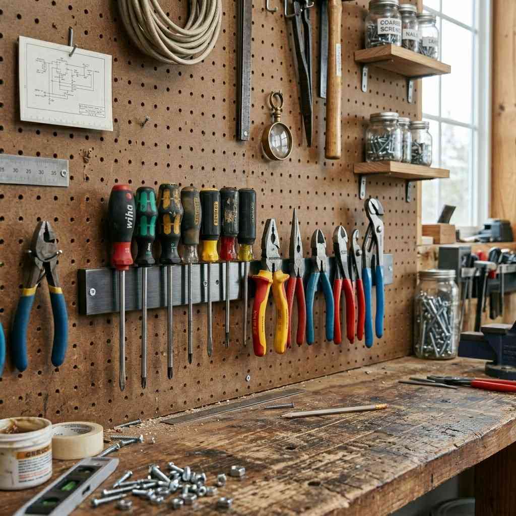 25 Easy Garage Design Interior Storage Ideas for a Clean Space 7Magnetic tool strips above workb 202606091901