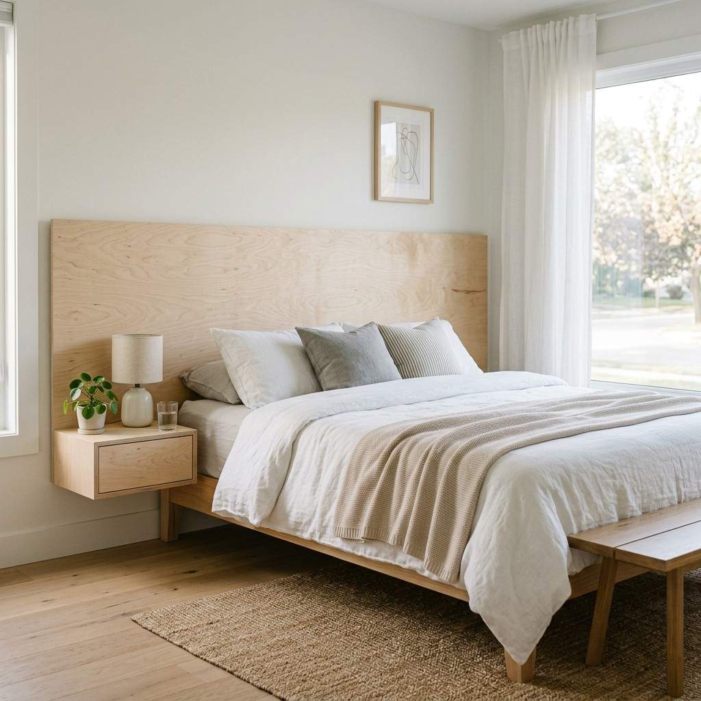 8Plywood panel headboard behind bed 202606101438