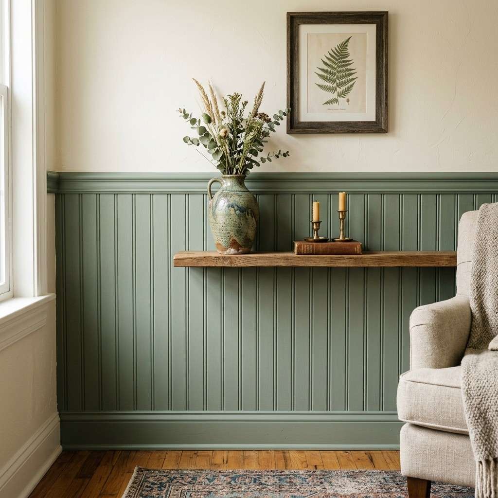30 Cottagecore Living Room Ideas That Feel Cozy and Whimsical 8Sage green wainscoting with vase 202606141846