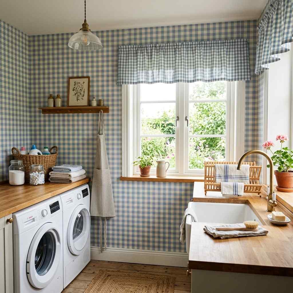 27Blue gingham wallpaper utility area 202607071831