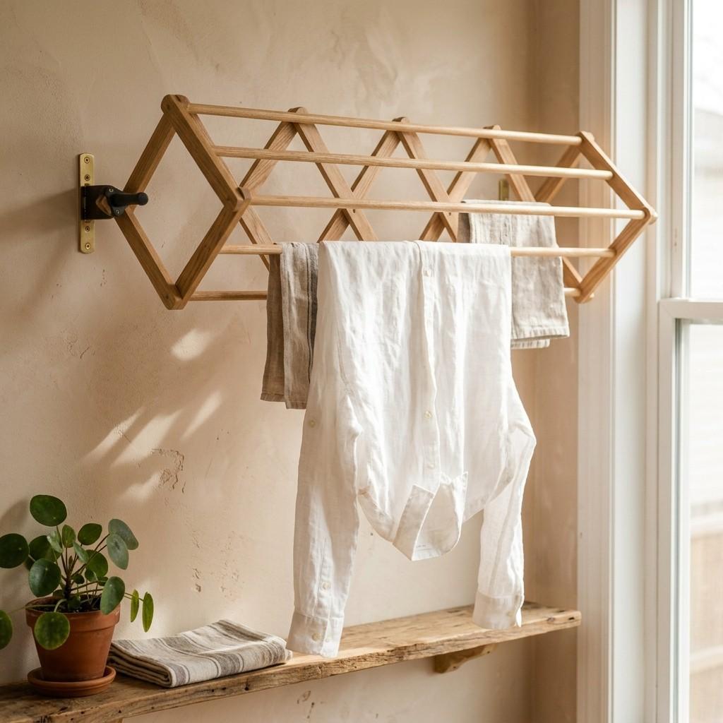 2Wooden drying rack holding shirt 202607071818