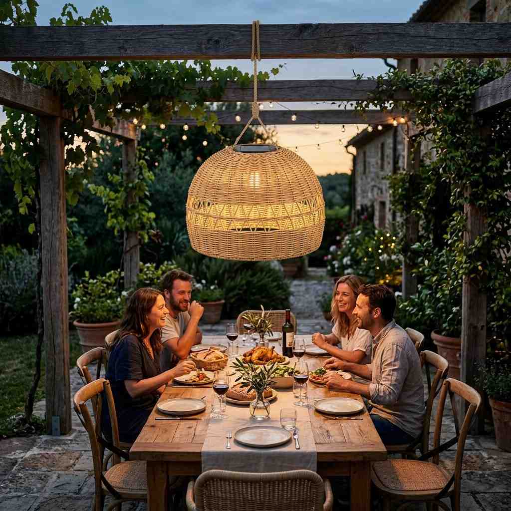 30 Outdoor Patio Decor Ideas for a Stylish and Relaxing Backyard 10Wicker pendant hanging over table 202608081852