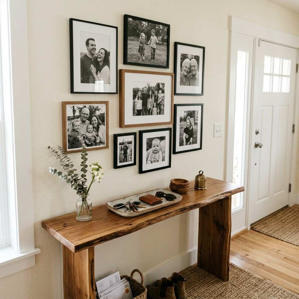 22 Corner Wall Gallery Ideas That Turn Awkward Nooks Into Art Statements 12Foyer gallery wall family photos 202608111504