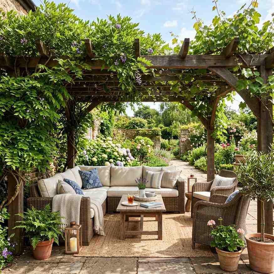 30 Outdoor Patio Decor Ideas for a Stylish and Relaxing Backyard 14Pergola with vines shading seating 202608091351