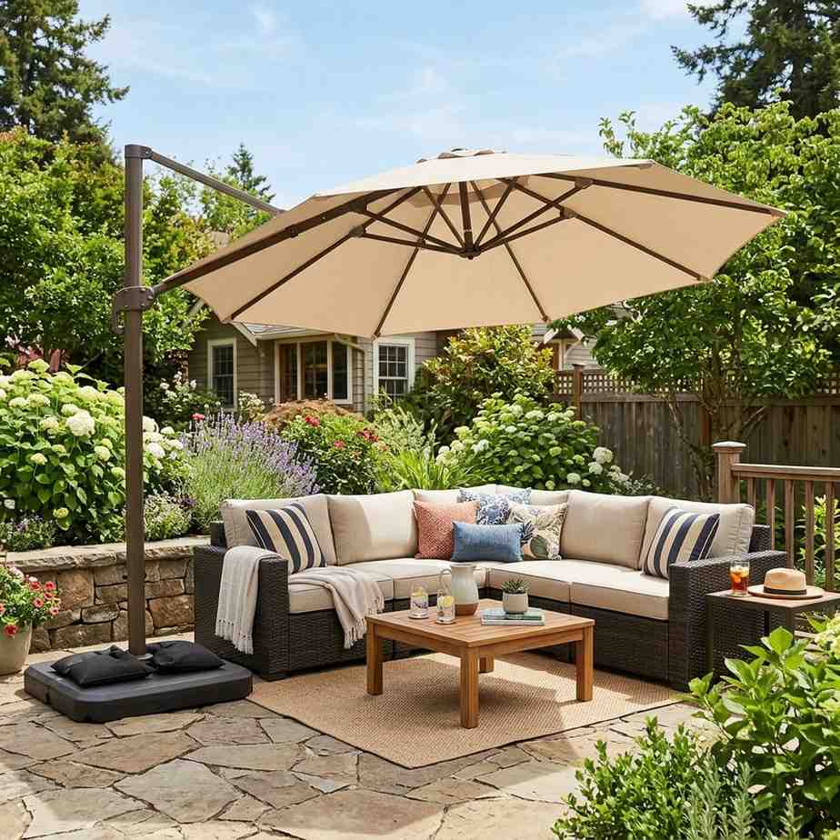 30 Outdoor Patio Decor Ideas for a Stylish and Relaxing Backyard 15Umbrella shading outdoor lounge 202608081855