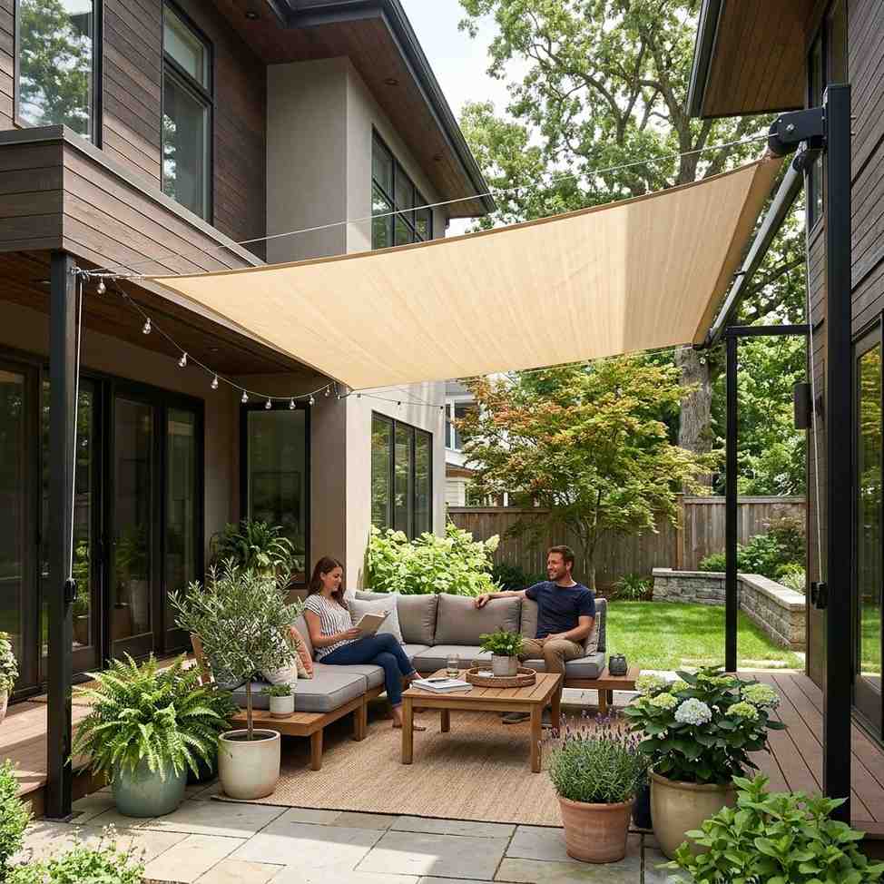 30 Outdoor Patio Decor Ideas for a Stylish and Relaxing Backyard 16Retractable fabric shade on patio 202608081856