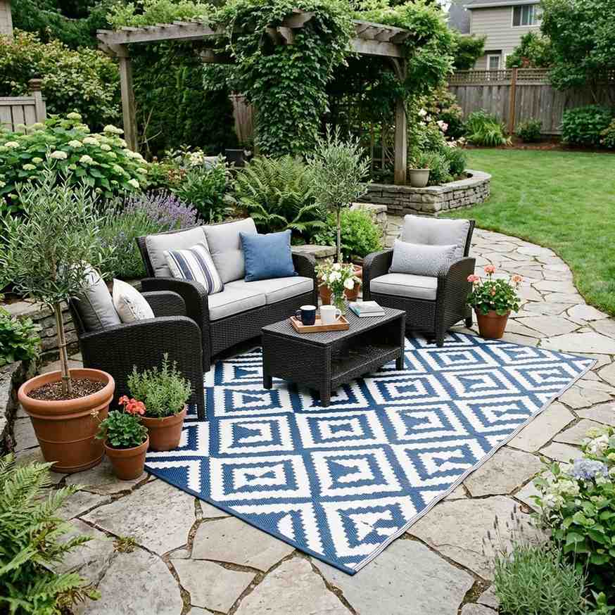 30 Outdoor Patio Decor Ideas for a Stylish and Relaxing Backyard 17Outdoor rug on stone patio 202608081856