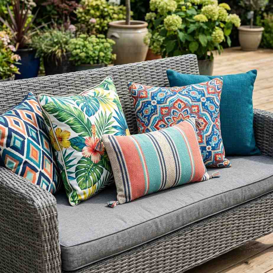 30 Outdoor Patio Decor Ideas for a Stylish and Relaxing Backyard 18Patterned outdoor pillows on sofa 202608081858
