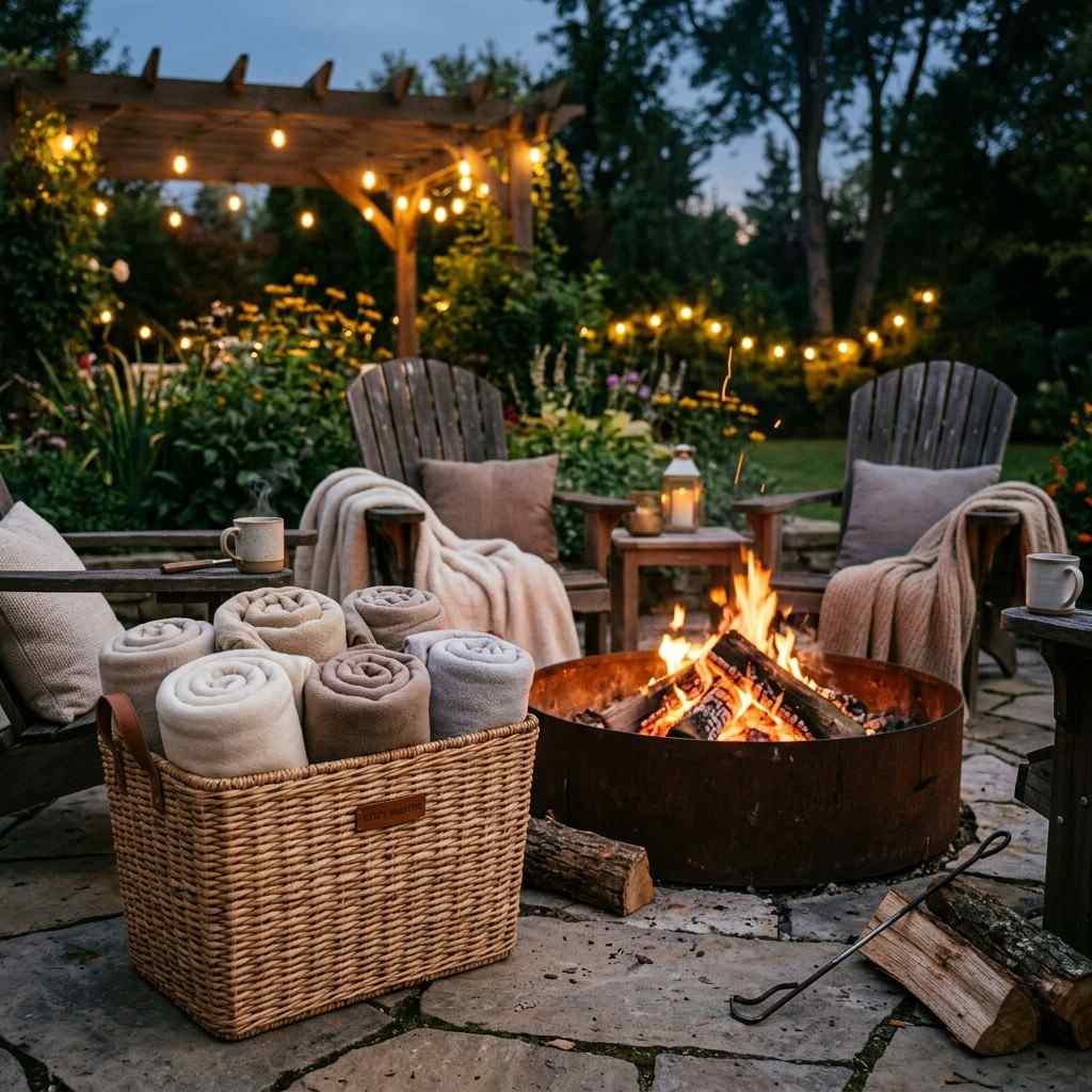 30 Outdoor Patio Decor Ideas for a Stylish and Relaxing Backyard 19Blankets beside outdoor fire pit 202608081858