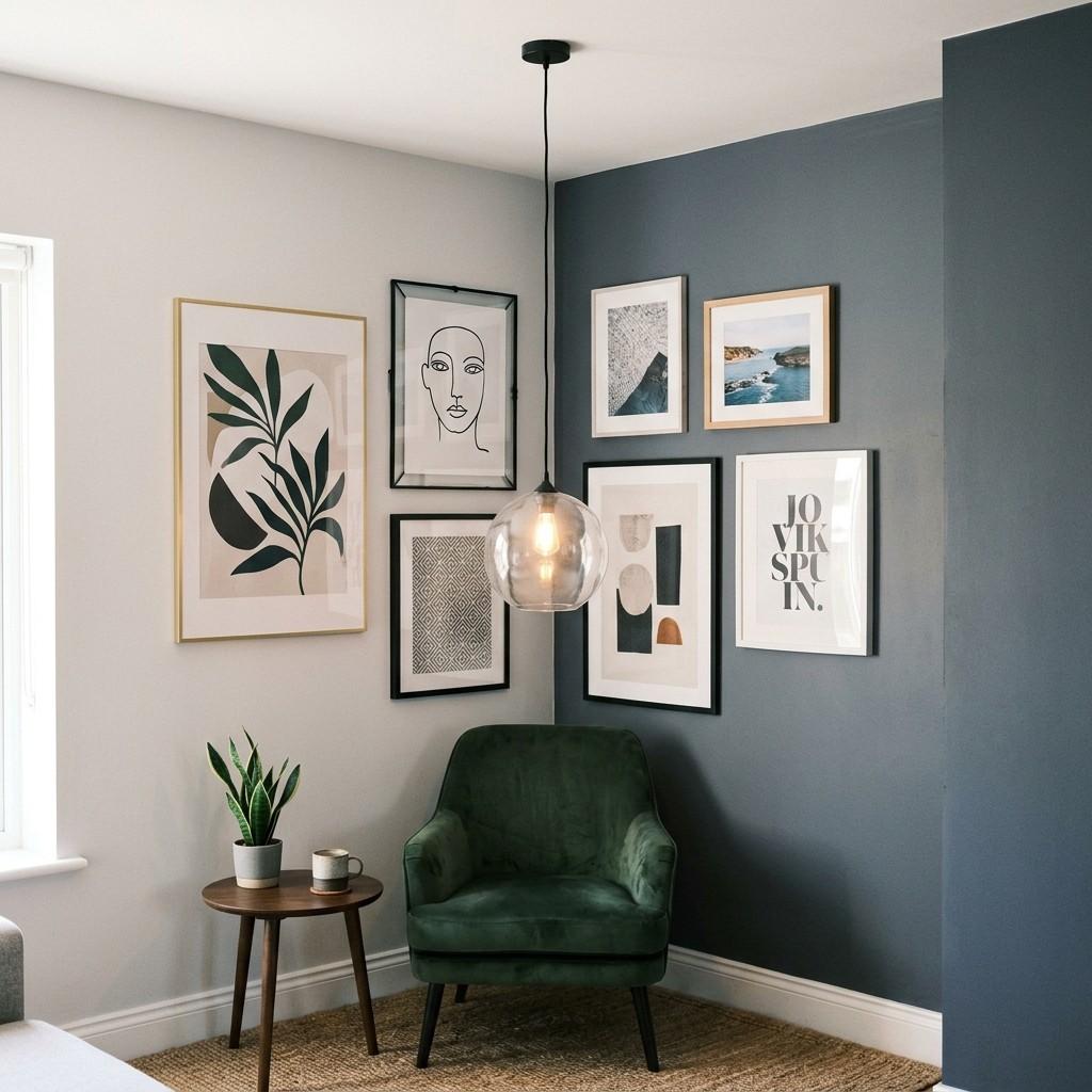 22 Corner Wall Gallery Ideas That Turn Awkward Nooks Into Art Statements 22Glass pendant light hanging 202608111510