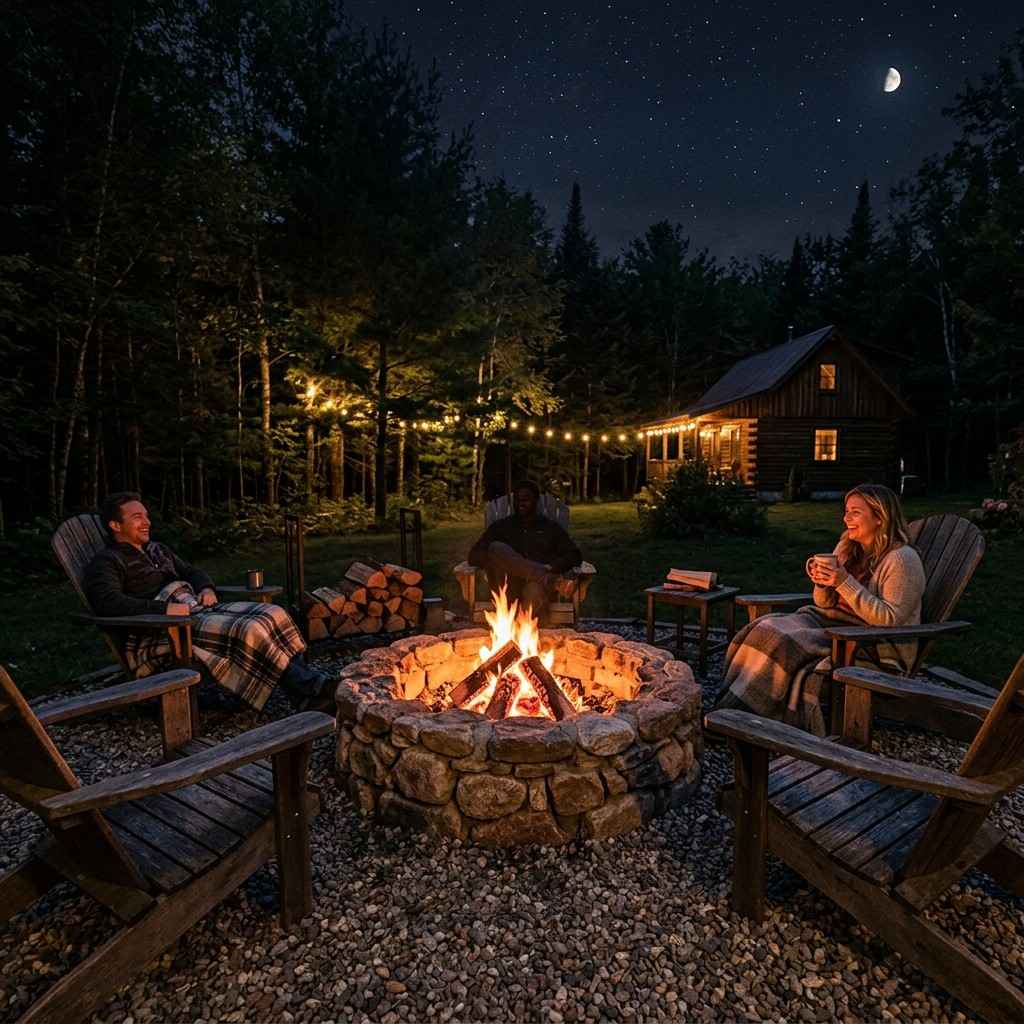 30 Outdoor Patio Decor Ideas for a Stylish and Relaxing Backyard 25Fire pit glowing at night 202608081904
