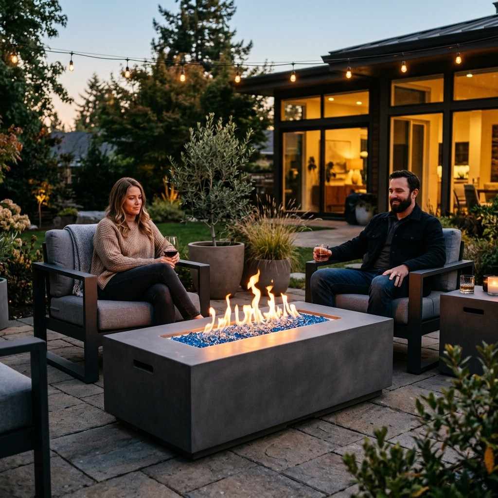 30 Outdoor Patio Decor Ideas for a Stylish and Relaxing Backyard 26Propane fire table with flames 202608081905