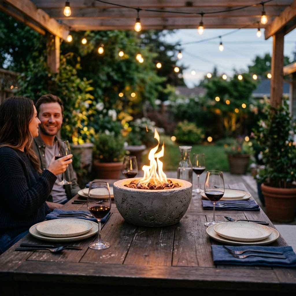 30 Outdoor Patio Decor Ideas for a Stylish and Relaxing Backyard 27Tabletop fire bowl with flames 202608081906