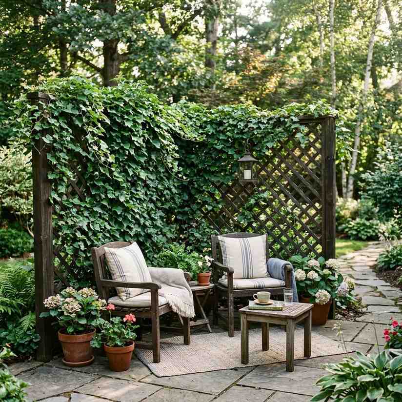 30 Outdoor Patio Decor Ideas for a Stylish and Relaxing Backyard 28Lattice privacy screen with ivy 202608081906
