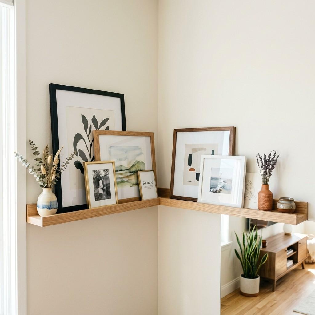22 Corner Wall Gallery Ideas That Turn Awkward Nooks Into Art Statements 2Floating ledges holding art pieces 202608111402