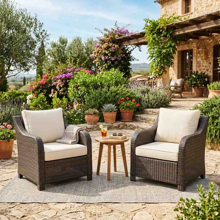 30 Outdoor Patio Decor Ideas for a Stylish and Relaxing Backyard 2Rattan armchairs on stone patio 202608081325