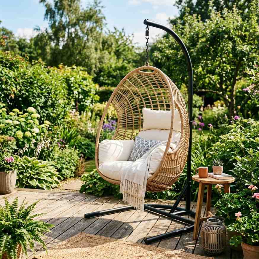 30 Outdoor Patio Decor Ideas for a Stylish and Relaxing Backyard 3Hanging egg chair on deck 202608081325