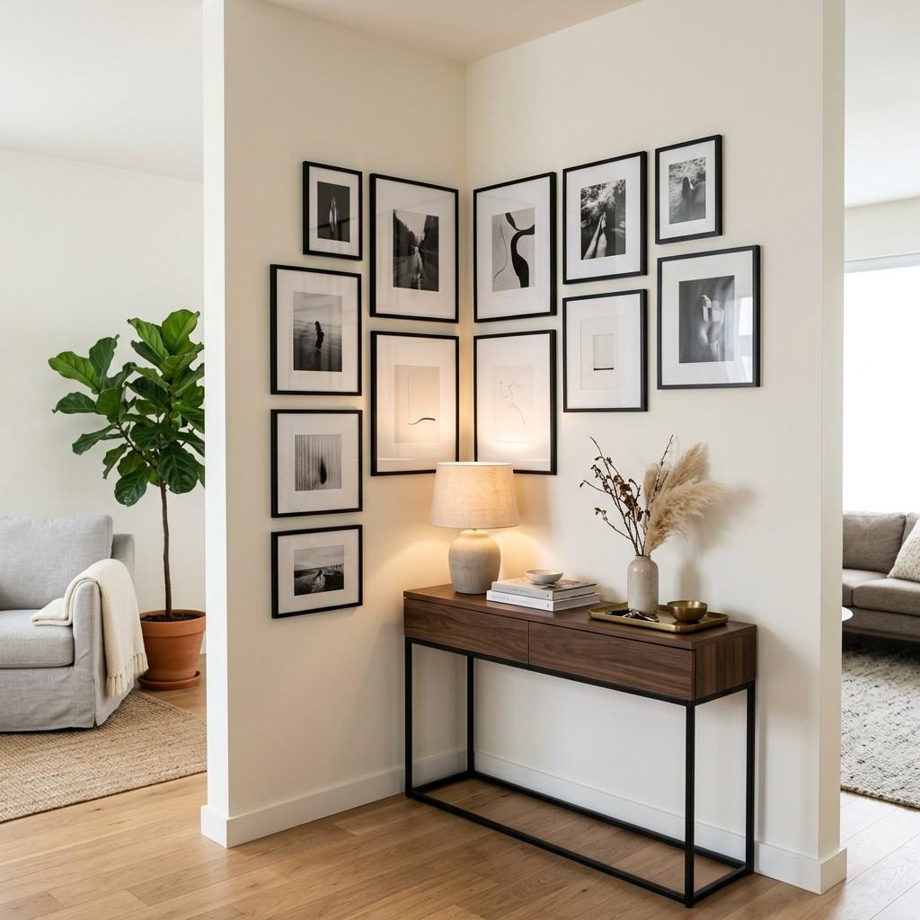 22 Corner Wall Gallery Ideas That Turn Awkward Nooks Into Art Statements 4Minimalist black frames wrapping 202608111404