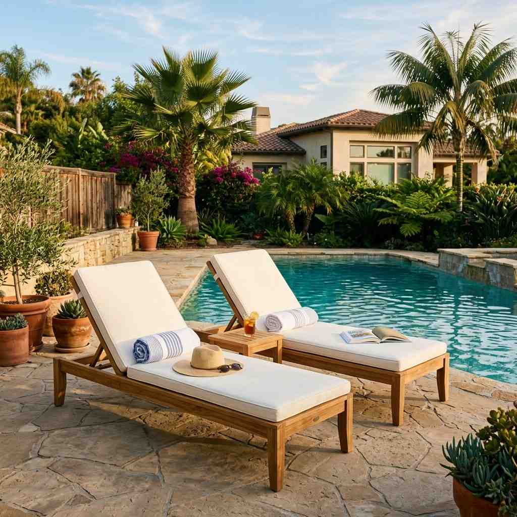 30 Outdoor Patio Decor Ideas for a Stylish and Relaxing Backyard 5Teak chaise lounges beside pool 202608081326 1